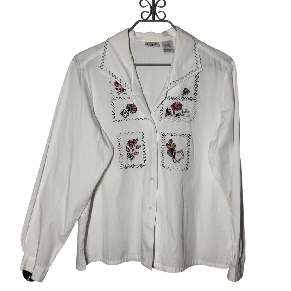 Napa Valley Embroidered Floral Button Up Shirt Large White Excellent MS89T89